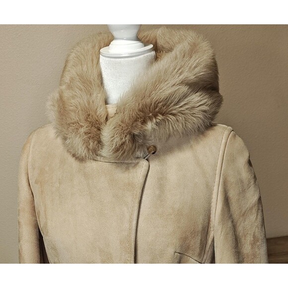 Leder Fischer Shearling Coat Womens Small Tan Suede Hooded Fur Trim Belted Long - Picture 5 of 16